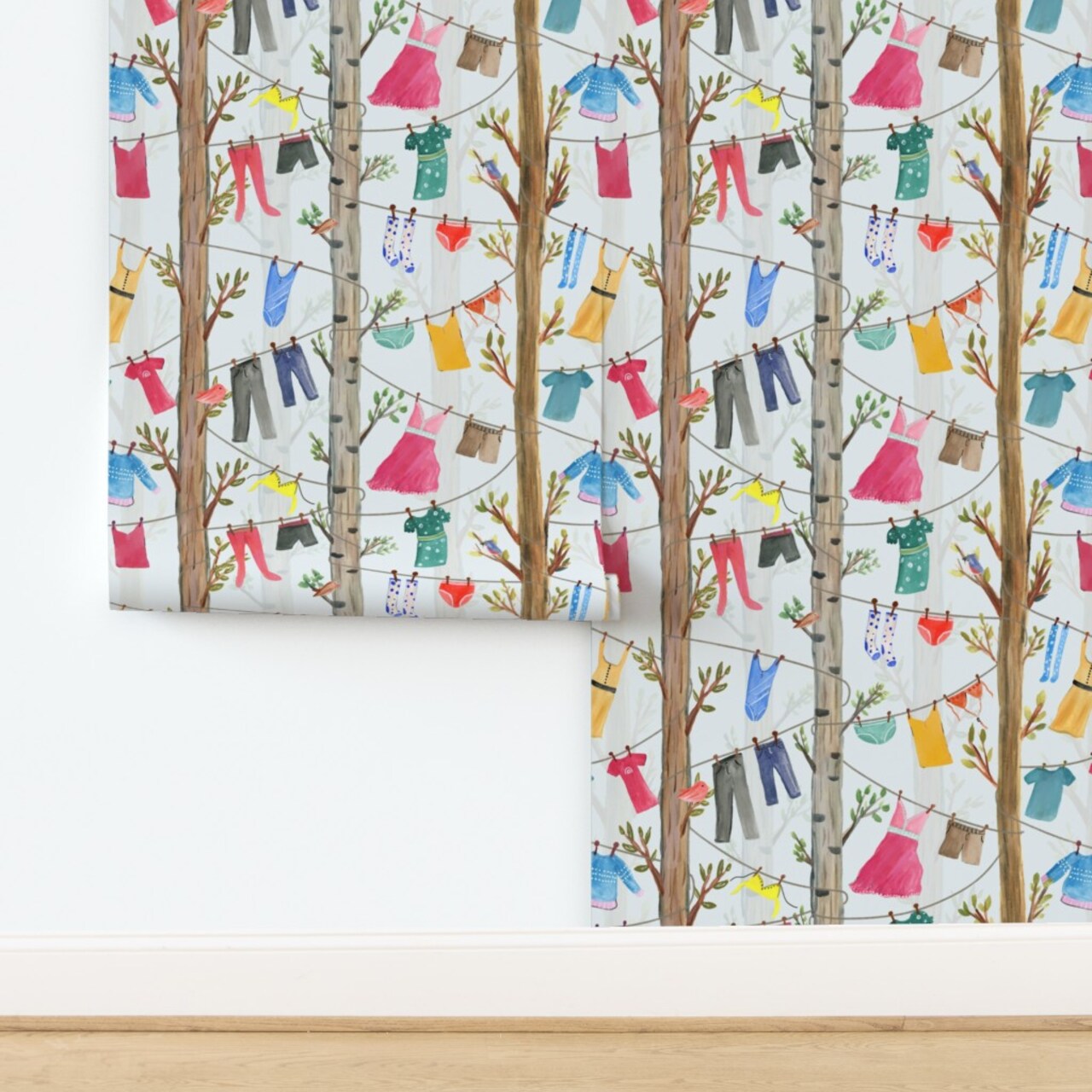 Whimsical Laundry Clothes Trees Clothesline Room Dress Shorts Shirt Bathing Suit Colorful Stockings Playful Home Maker Socks Bikini Rustic Custom Removable Wallpaper by Spoonflower Peel & Stick Wallpaper 2FT Wide